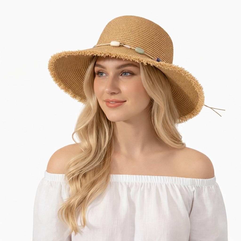 Straw Sun Hat Wide Brim Beaded Trim Summer Beach Vacation Hat Lightweight