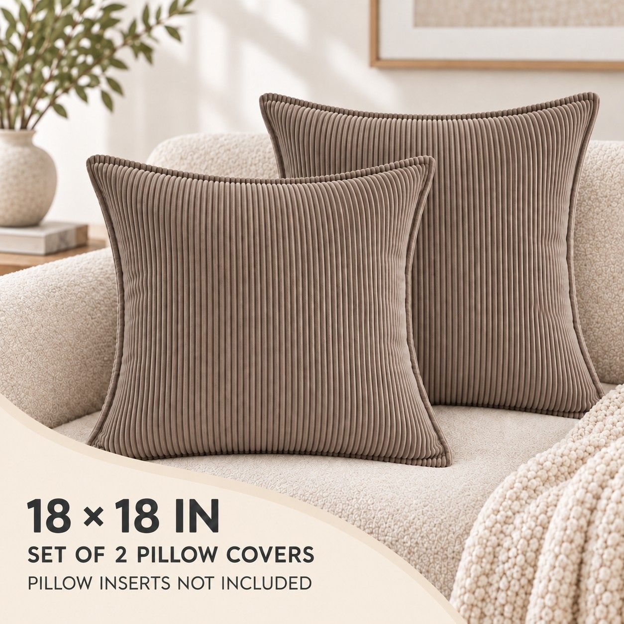 2 Pack Soft Ribbed Corduroy Throw Pillow Covers 18 x 18 Inch Solid Color