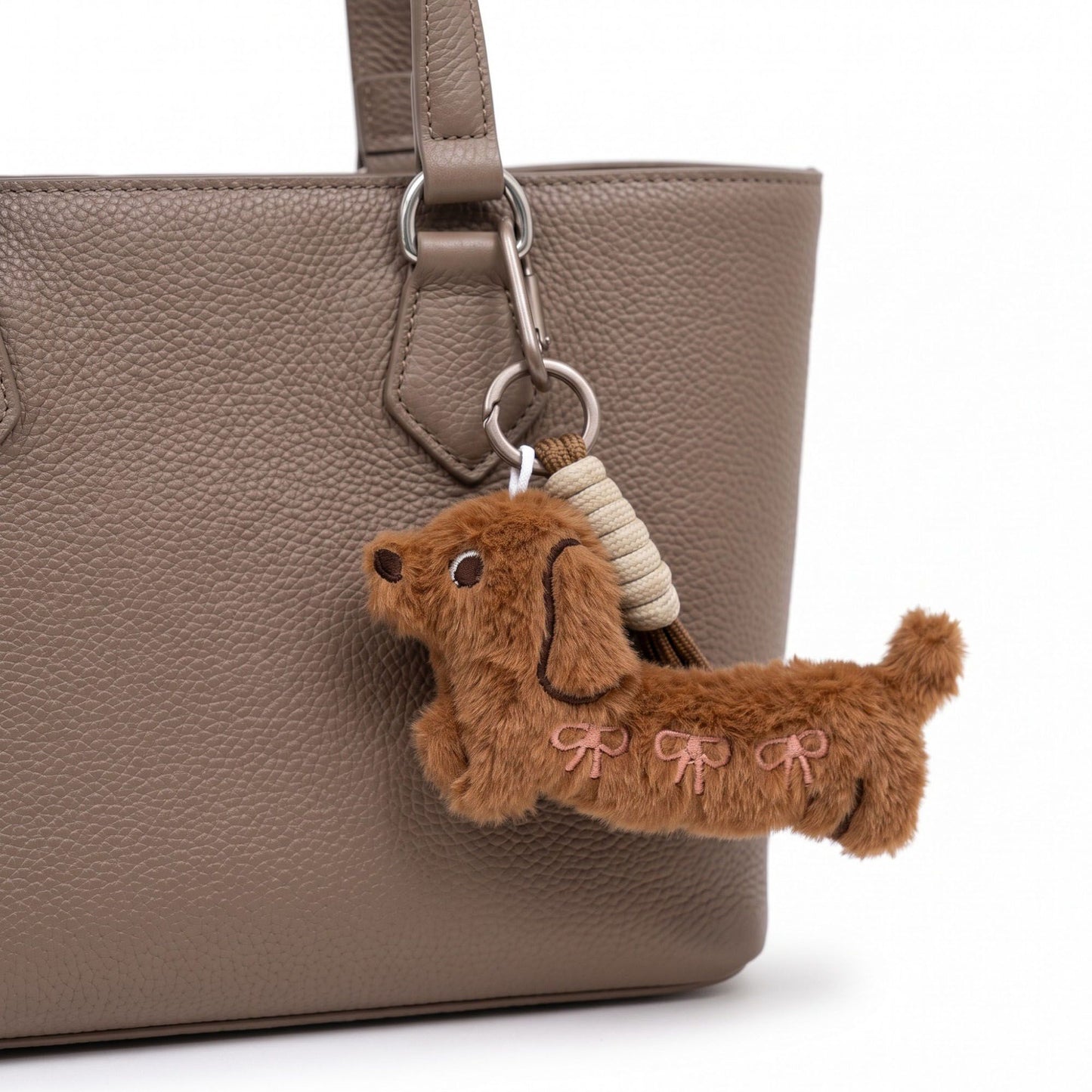 2-Piece Dachshund Plush Bag Charm Keychain Bow Embroidery Rope Loop Purse Accessory