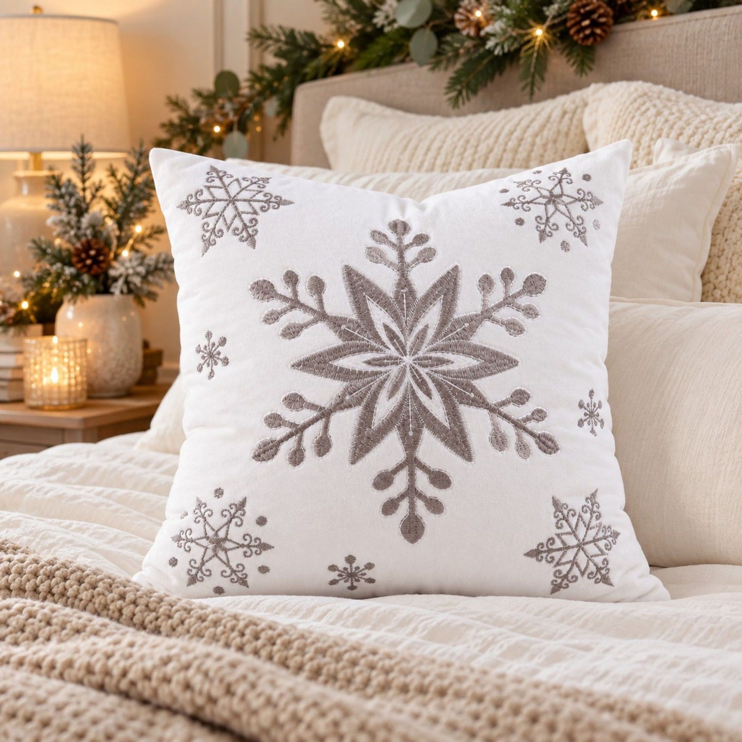 Snowflake Embroidered Decorative Throw Pillow Cover (Single Piece)