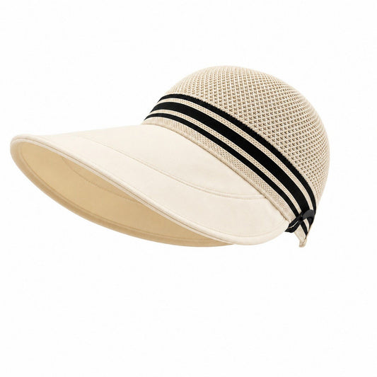 Woven Wide Brim Visor Hat with Striped Band Mesh Crown Adjustable Back Strap
