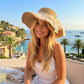 Wide Brim Straw Sun Hat with Sheer Lace Overlay Bow Accent and Scalloped Edge
