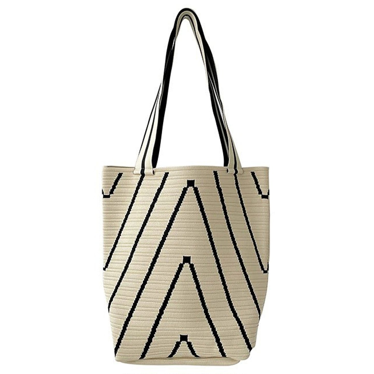 Geometric Stripe Knit Tote Bag with Long Shoulder Straps