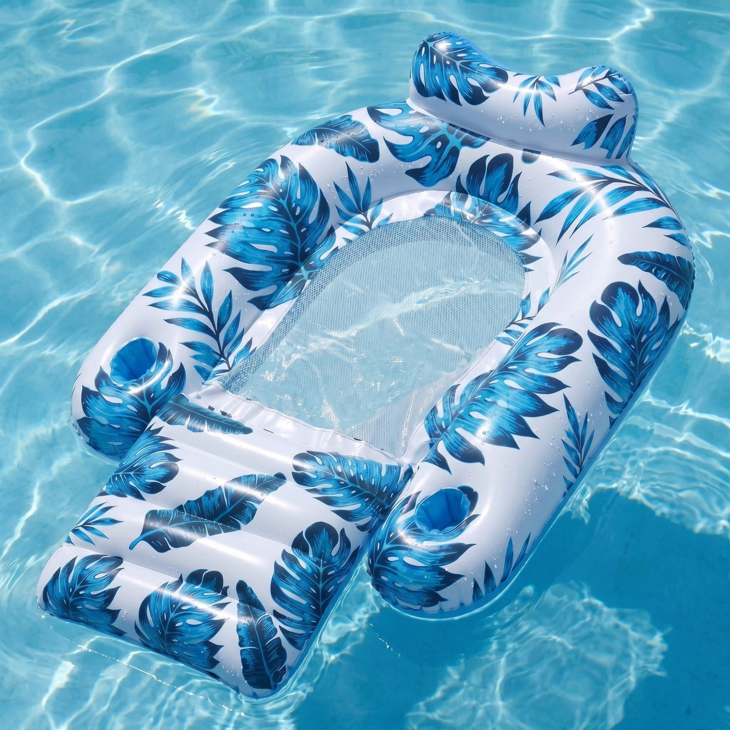 Inflatable Pool Lounger with Tropical Leaf Print and Mesh Seat