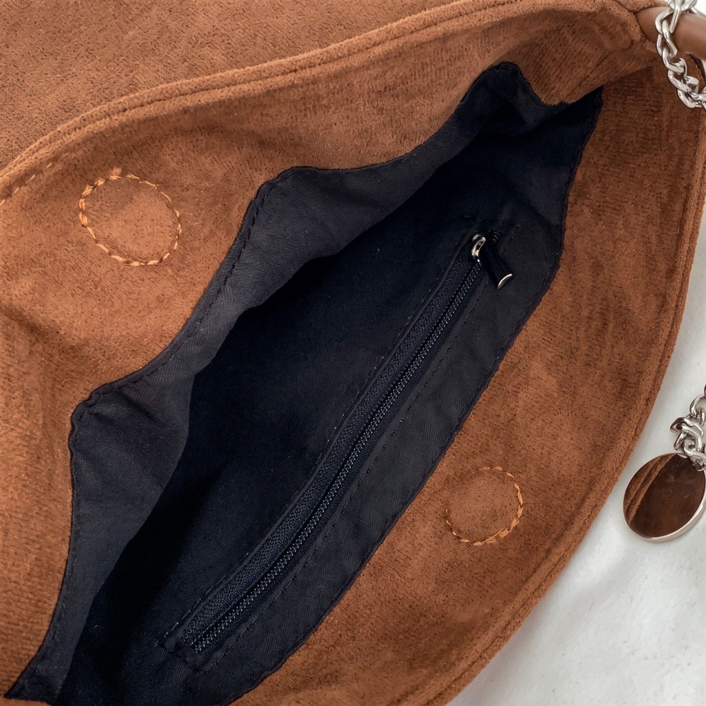 Faux Suede Bucket Shoulder Bag with Chain Accent