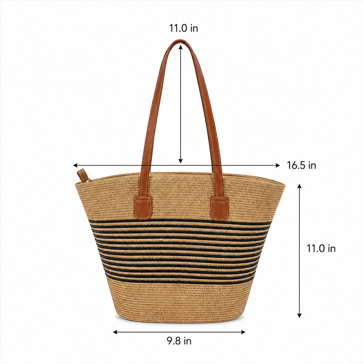 Striped Woven Straw Tote Bag Large Capacity Zip Top Shoulder Carryall Handbag