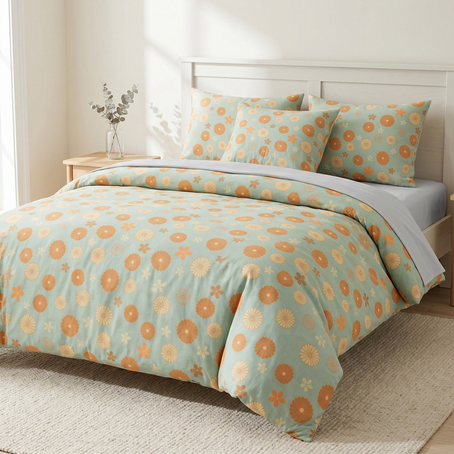 4-Piece Cotton Bedding Set with Floral Pattern Duvet Cover, Pillowcases, and Flat Sheet