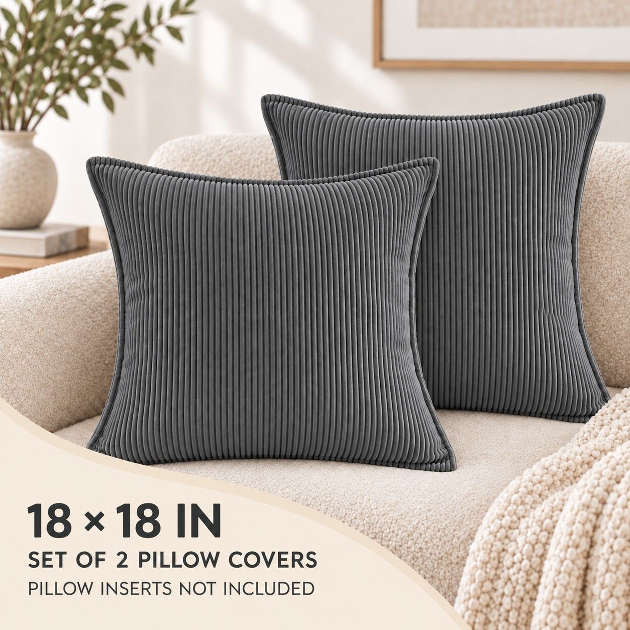 2 Pack Soft Ribbed Corduroy Throw Pillow Covers 18 x 18 Inch Solid Color