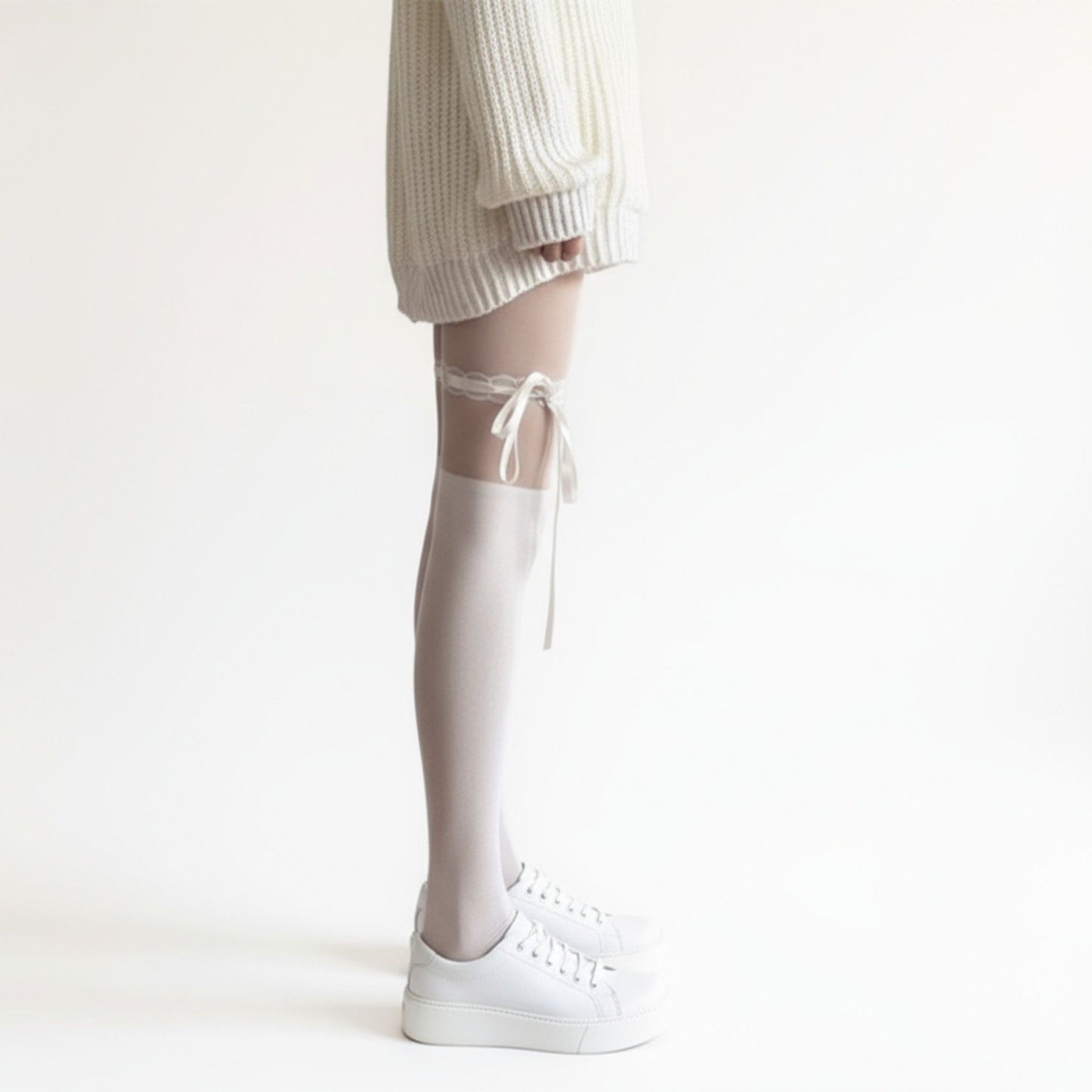 Sheer Over-the-Knee Tights with Satin Ribbon Bow and Scalloped Edge Design