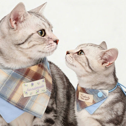 Pet Bandana Collar Soft Adjustable Plaid Scarf with Button Closure and Decorative Patch Design