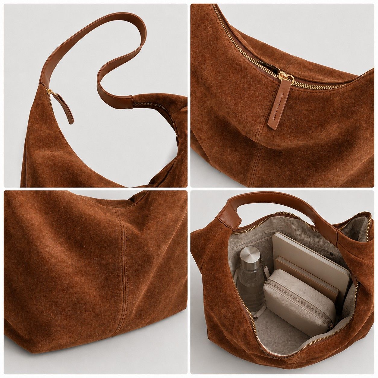 Slouchy Faux Suede Hobo Shoulder Bag with Zip Closure and Wide Strap