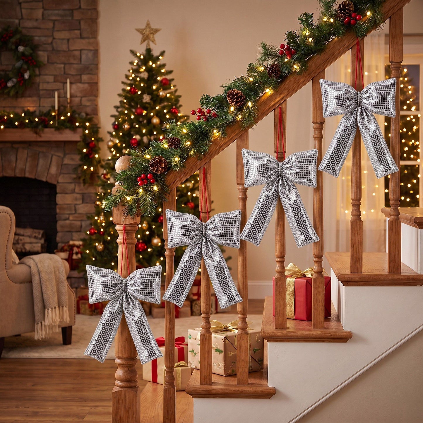 5pc Shimmering Christmas Bow Hanging Ornaments