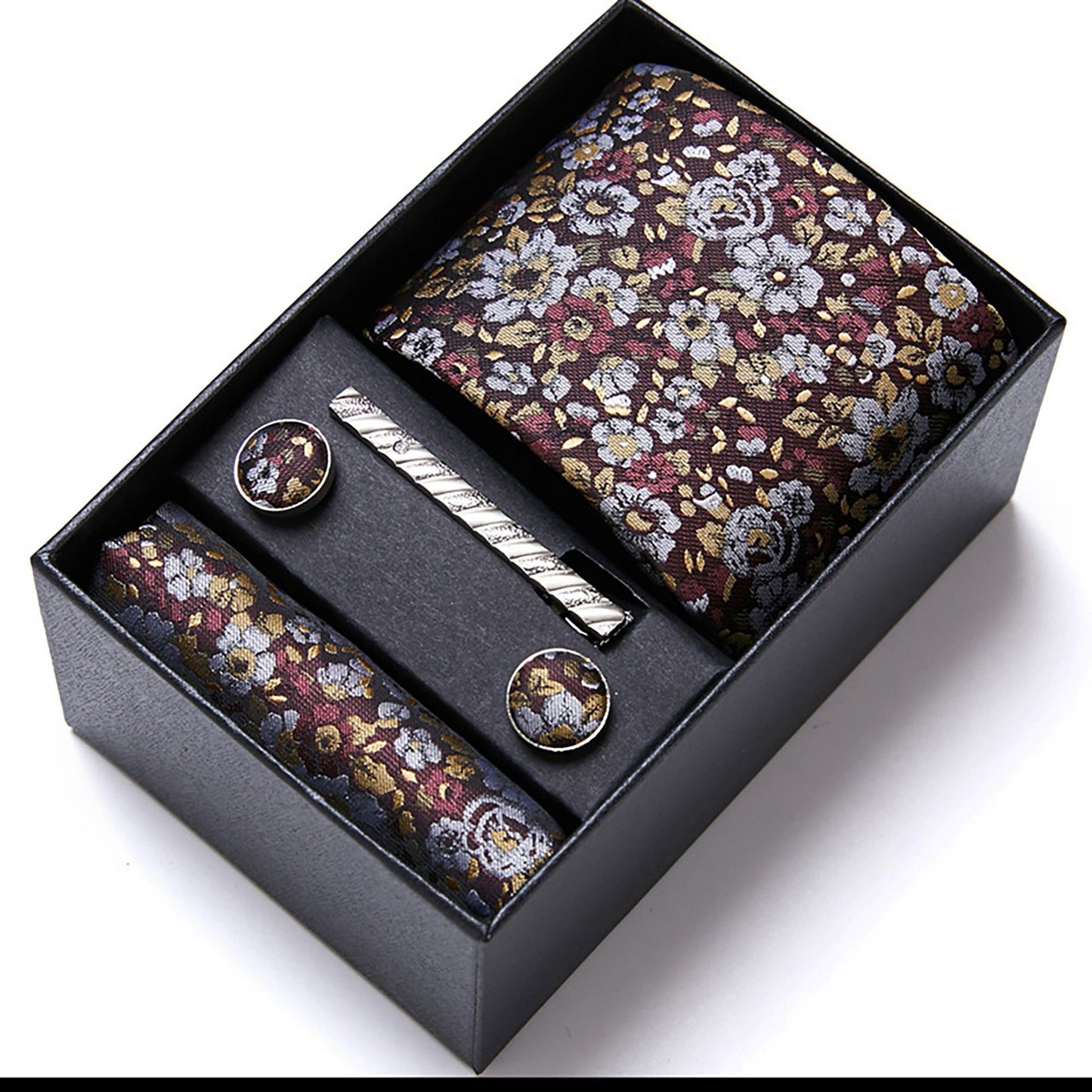 Men's Floral Pattern Tie Gift Set with Matching Pocket Square Cufflinks and Silver Tie Clip