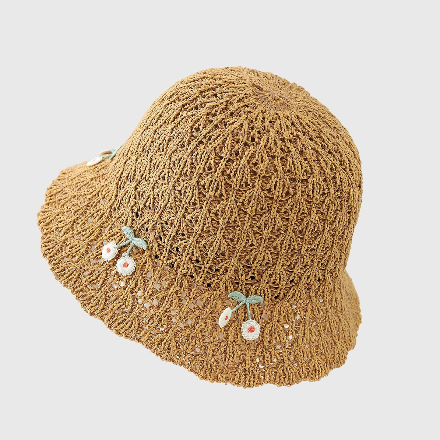 Crochet Straw Sun Hat with Cherry Accents