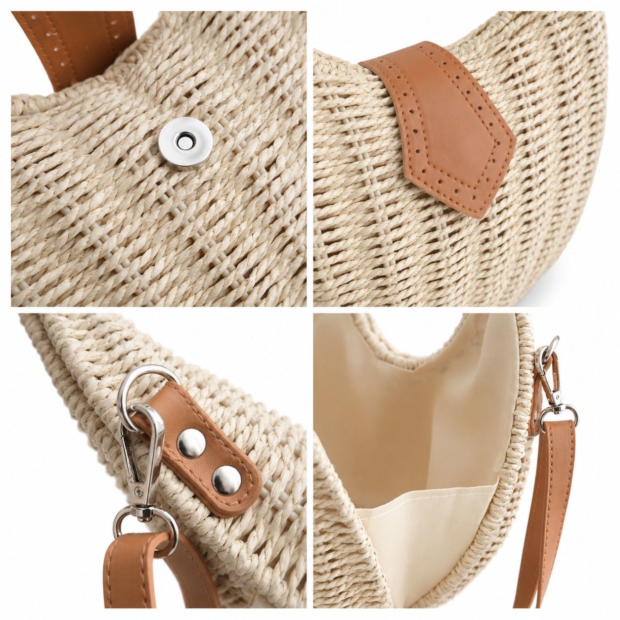 Round Woven Top Handle Crossbody Bag with Magnetic Snap and Detachable Strap