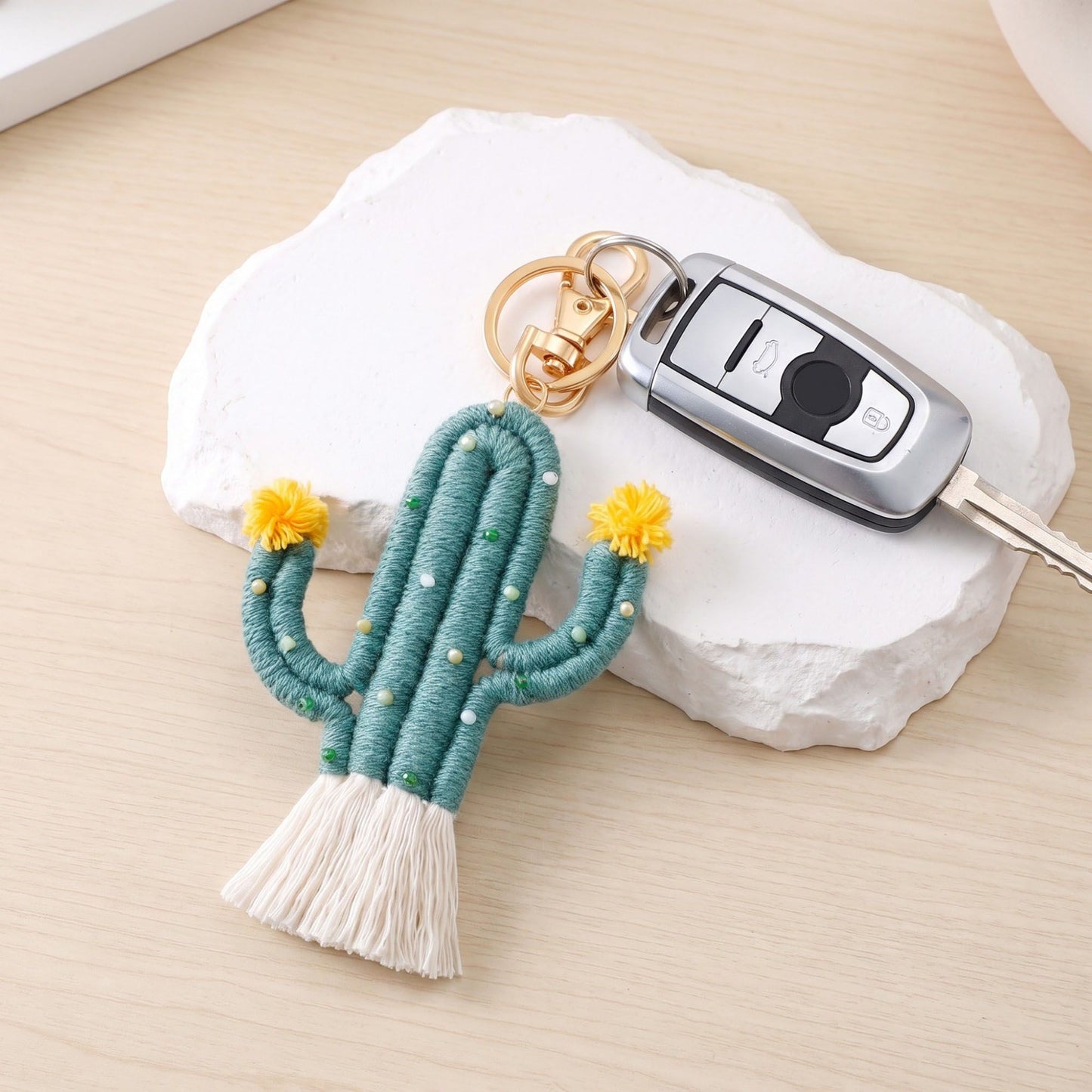 Cactus Macrame Keychain with Tassel Bag Charm