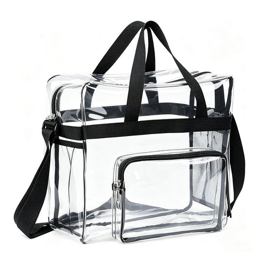 Clear Tote Bag with Exterior Mesh Pockets, Double Top Handles and Removable Adjustable Shoulder Strap