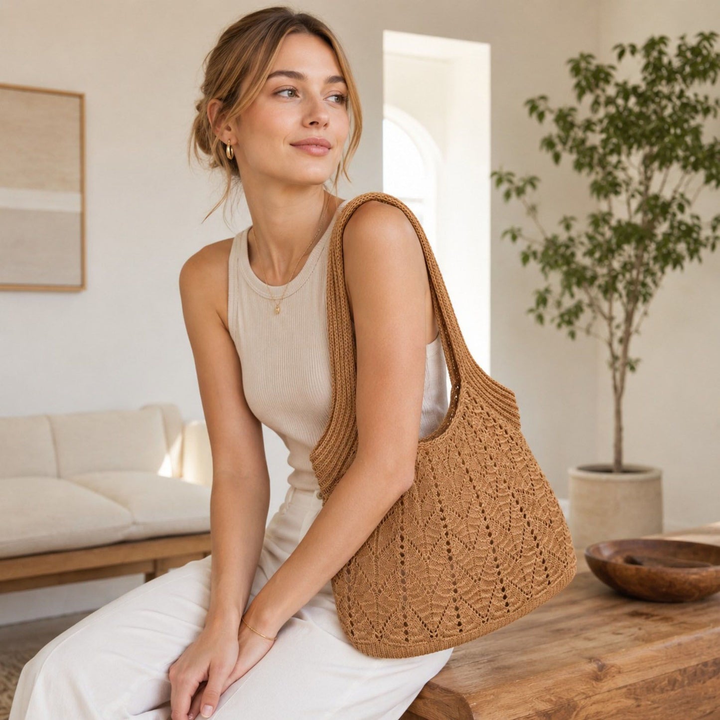 Crochet Tote Bag Lightweight Shoulder Bag with Openwork Knit Texture