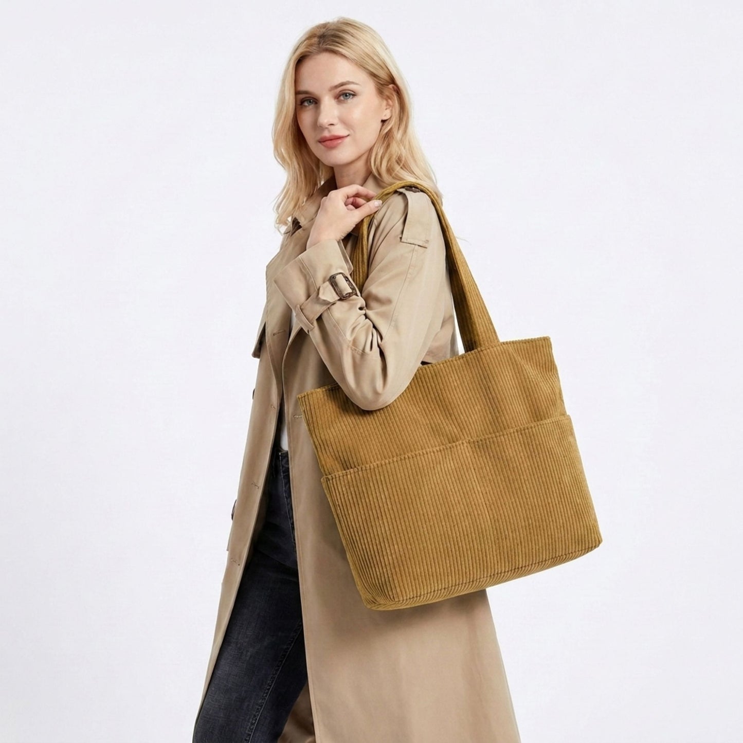 Corduroy Tote Bag Large Capacity Shoulder Bag with Front Pocket and Zipper Closure