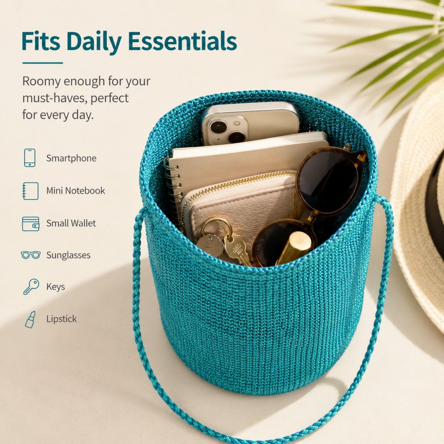 Shimmery Woven Bucket Shoulder Bag Blue Small Crossbody Purse with Braided Strap for Daily Essentials