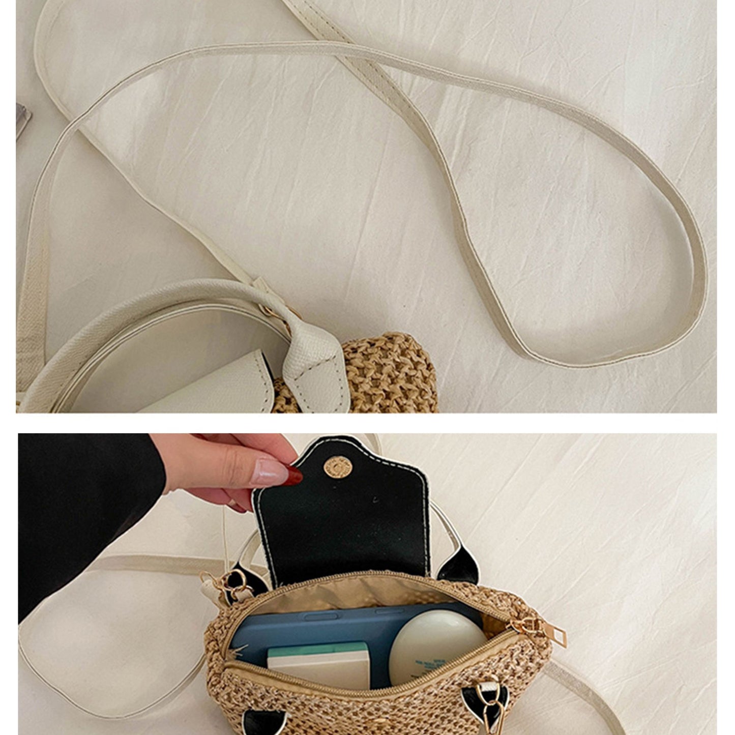 Women's Mini Woven Crossbody Bag with Top Handle Adjustable Strap and Charm
