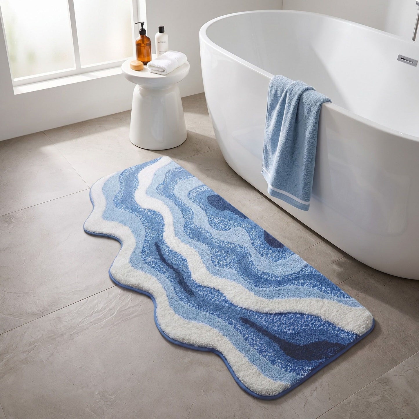 Abstract Ocean Wave Plush Bathroom Mat with Irregular Scalloped Edge