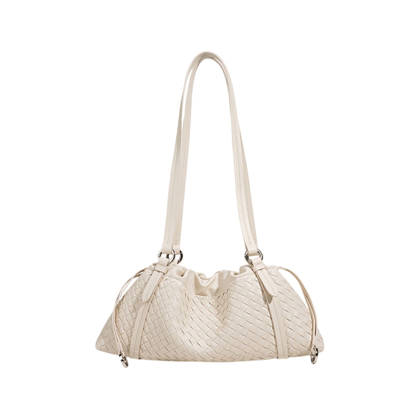 Woven Leather Shoulder Satchel with Ruched Top Detail Long Straps and Slouchy Shape