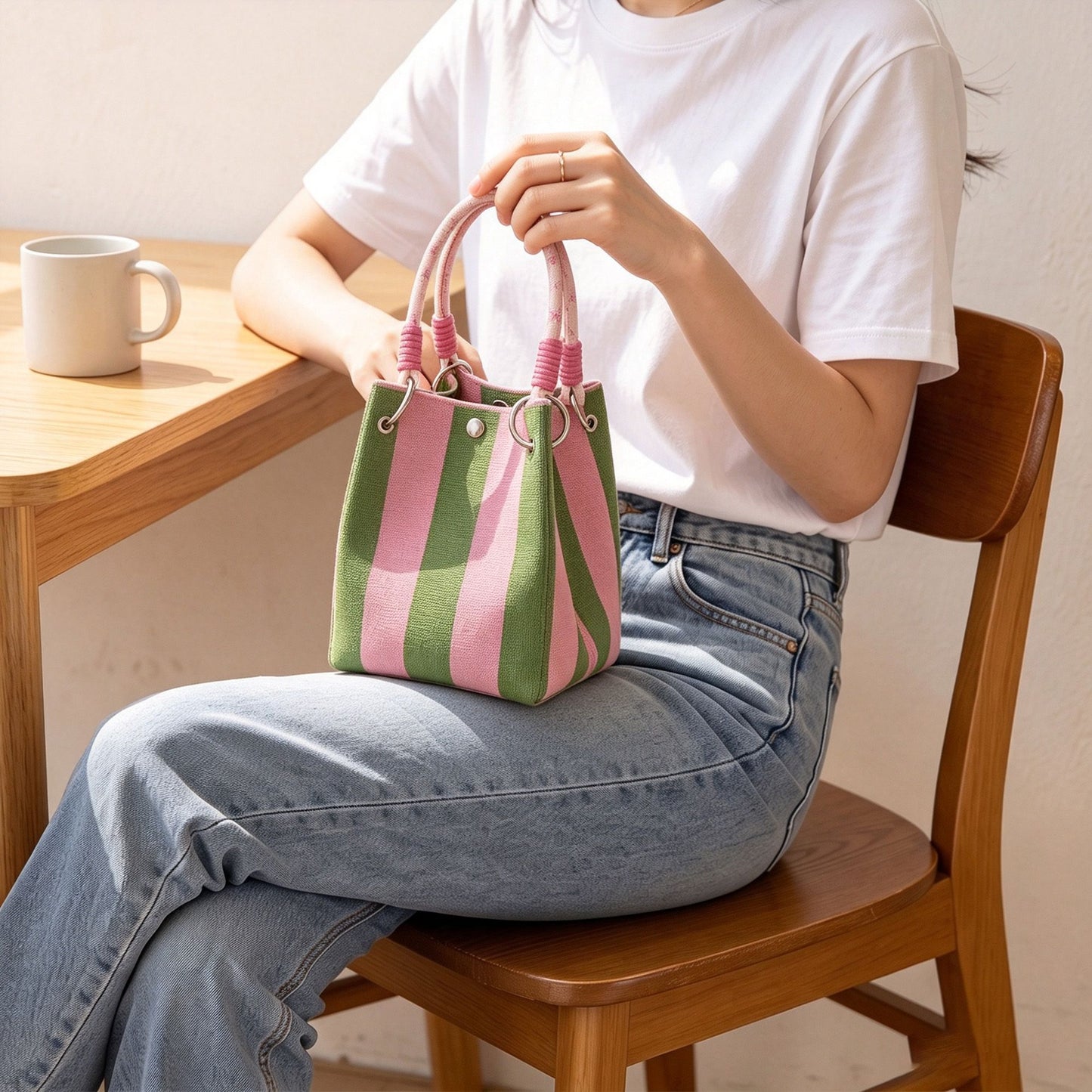 Small Striped Knit Bucket Bag with Rope Handles and Snap Closure