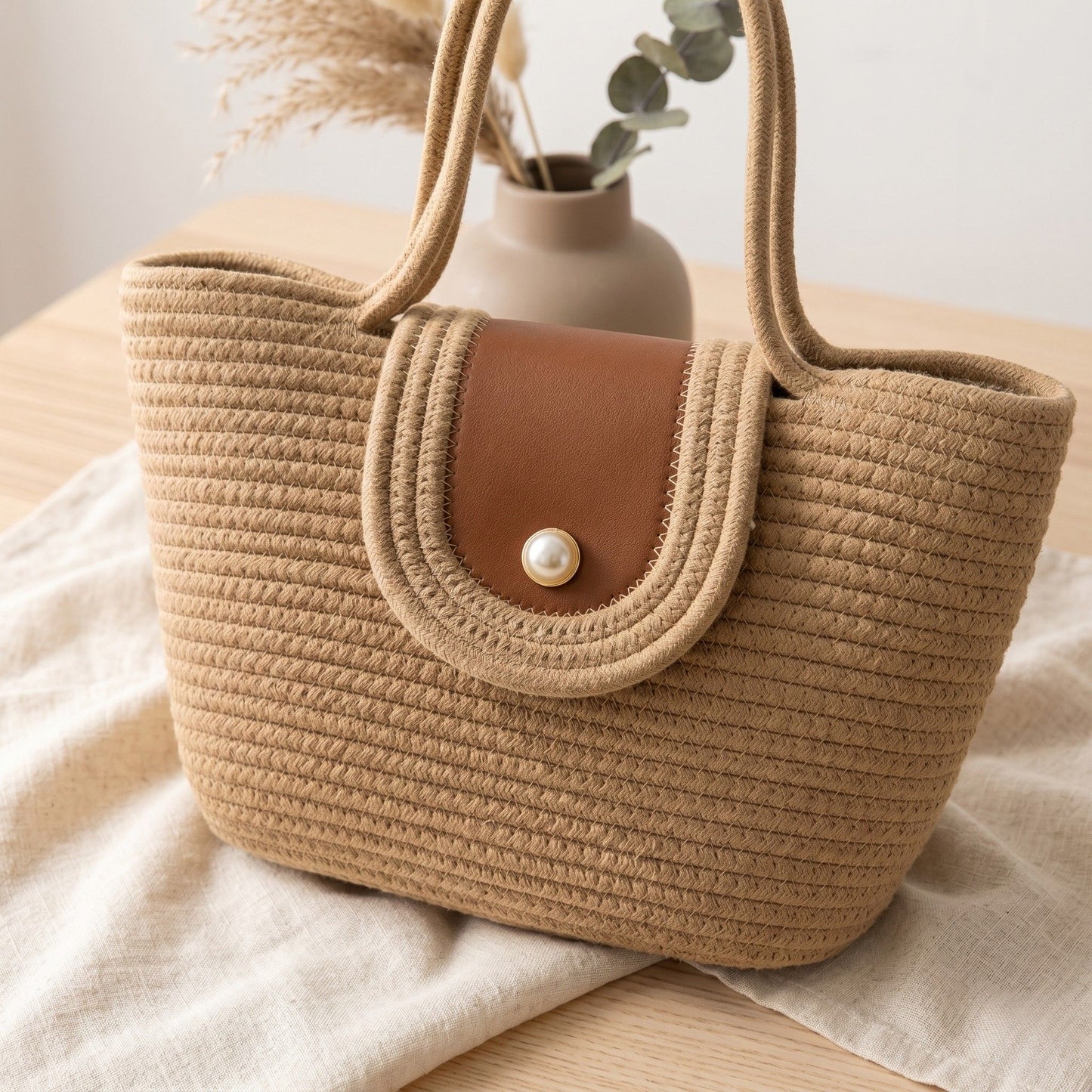 Woven Rope Tote Bag with Flap Cover Pearl Button Large Capacity Shoulder Carryall