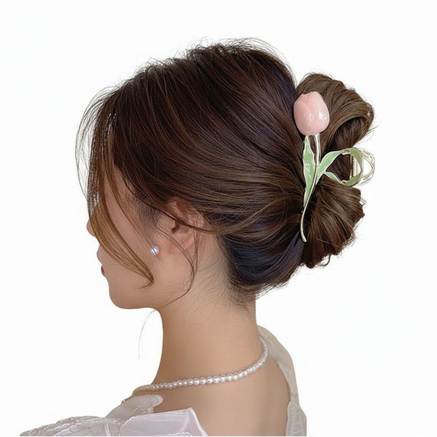 Tulip Flower Metal Hair Claw Clip with Enamel Petal and Leaf Detailing