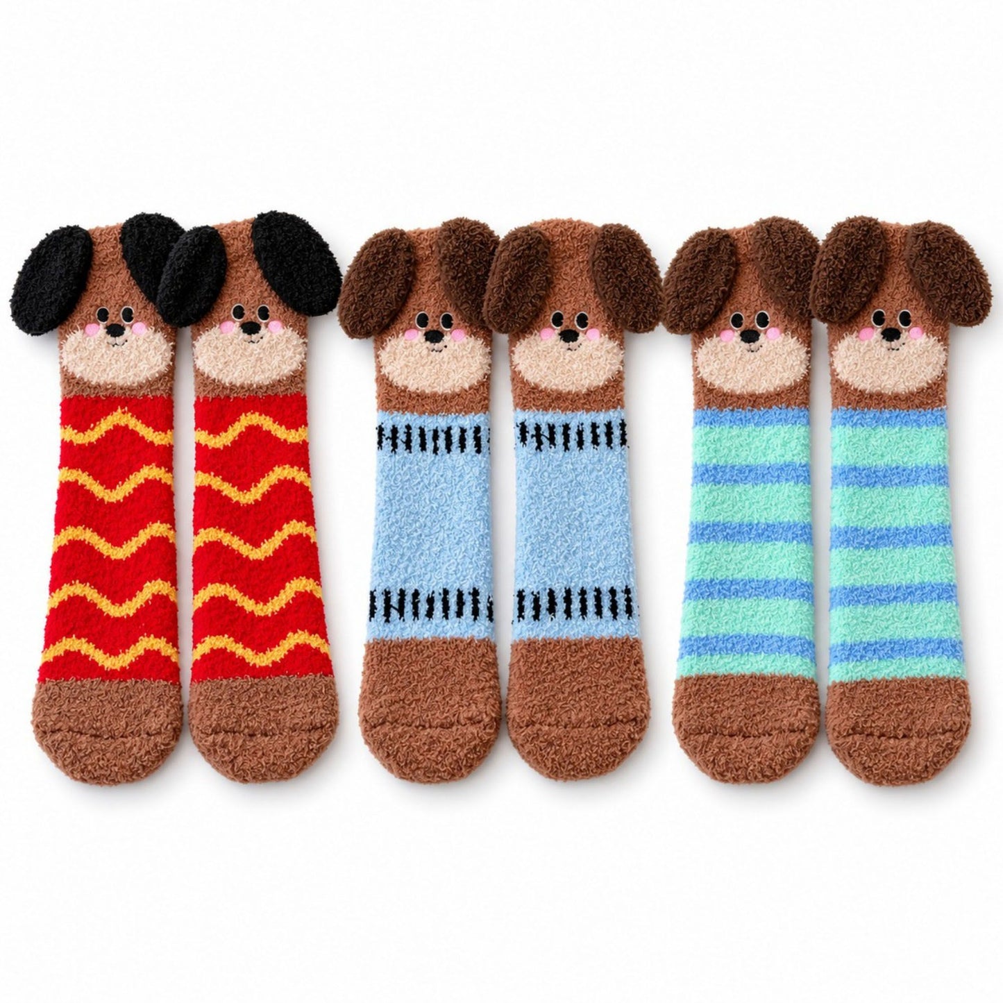 Puppy Fuzzy Crew Socks 3-Pair Set US 5-10.5