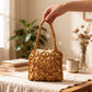 Wooden Beaded Tote Bag Structured Geometric Design with Inner Pouch Open Weave Shoulder Handbag