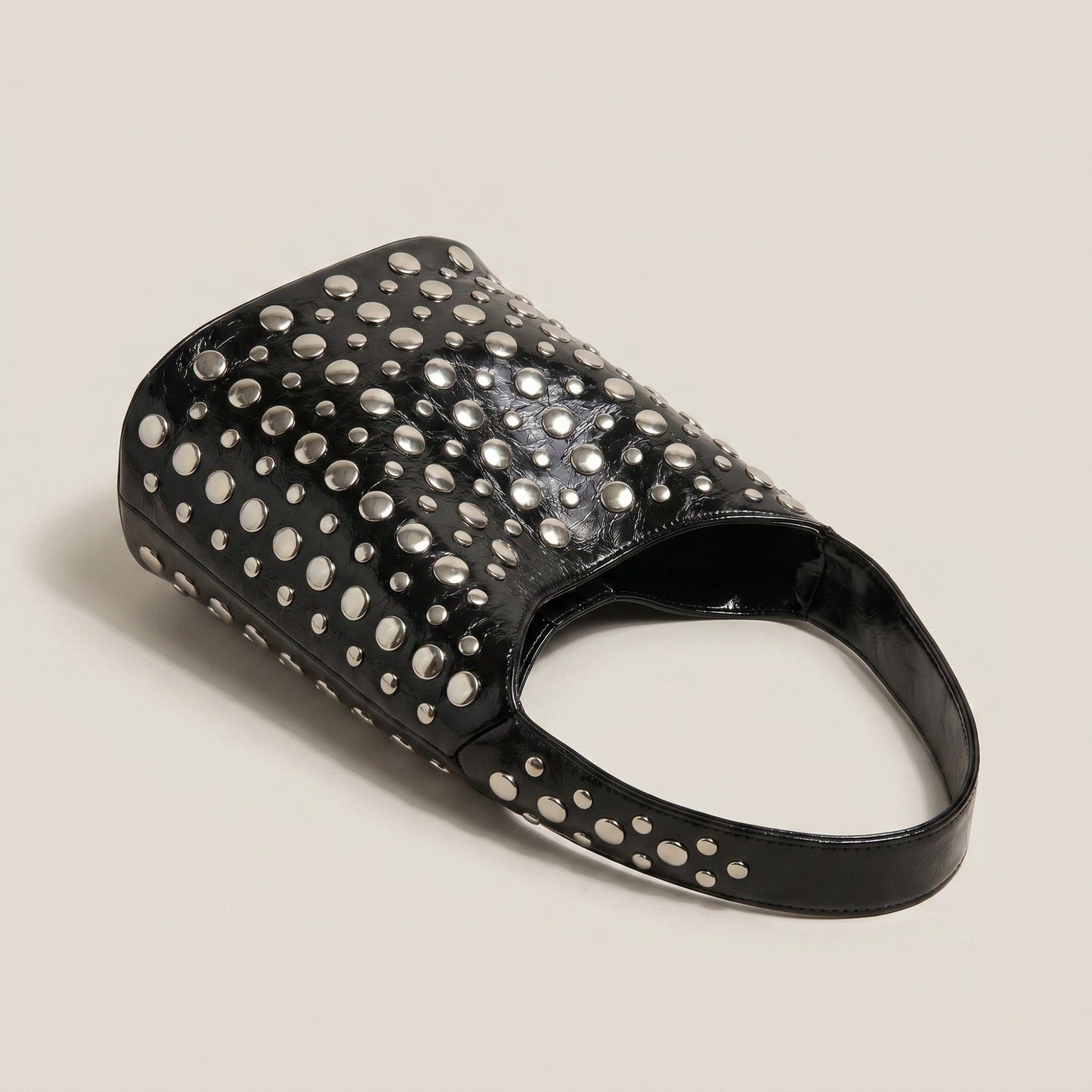 Studded Bucket Shoulder Bag with Glossy Finish Wide Strap Structured Silhouette Fashion Handbag 9.5x8.5x5 in
