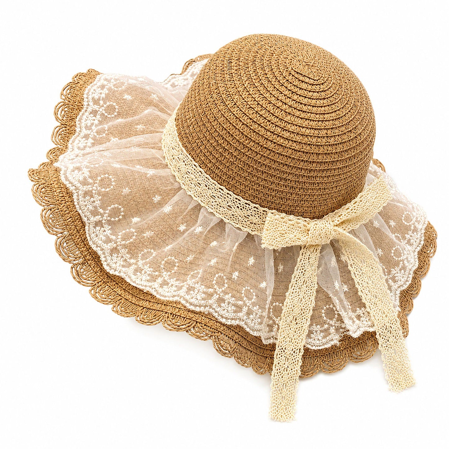 Wide Brim Straw Sun Hat with Sheer Lace Overlay Bow Accent and Scalloped Edge