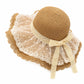 Wide Brim Straw Sun Hat with Sheer Lace Overlay Bow Accent and Scalloped Edge