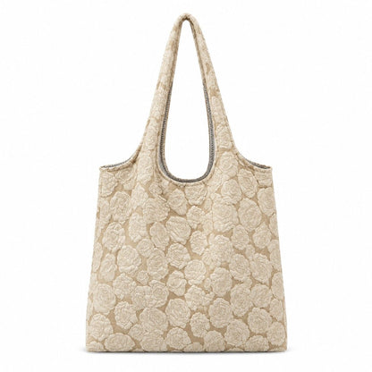 Floral Embossed Shoulder Tote Bag Soft Textured Lightweight Fabric Carryall Handbag