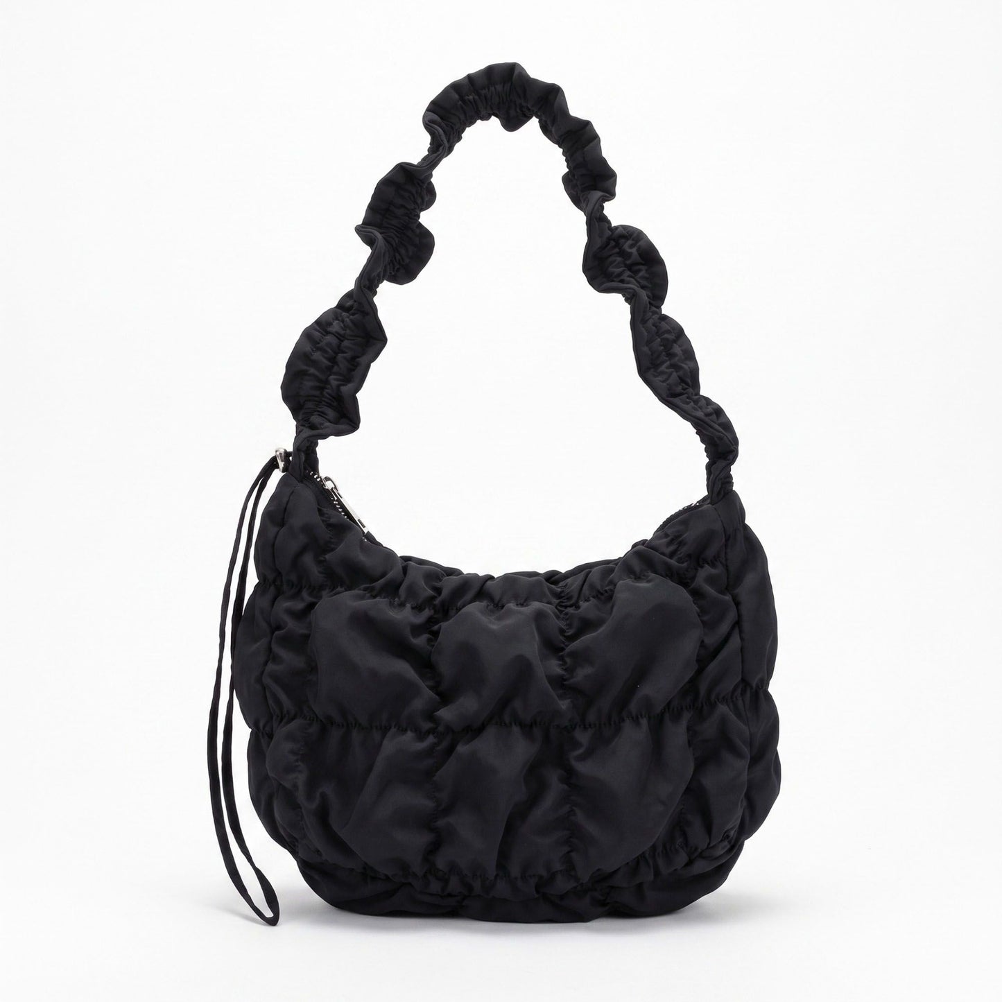 Ruched Puffer Shoulder Bag with Gathered Strap and Top Zipper Closure 10.5x8.5x3in