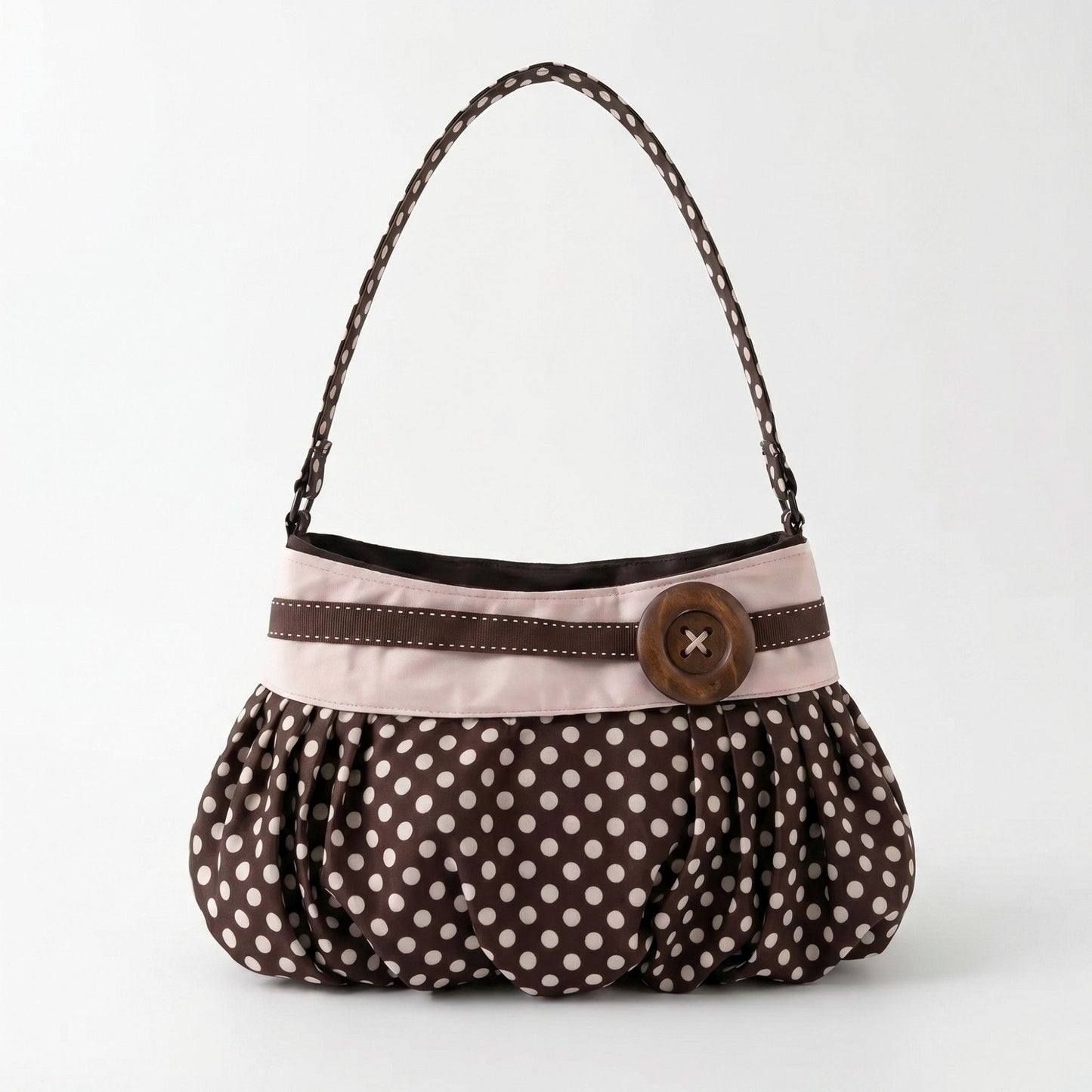 Polka Dot Slouch Shoulder Bag with Oversized Button Accent Pleated Silhouette Retro Inspired Handbag 12x7x0.4 in