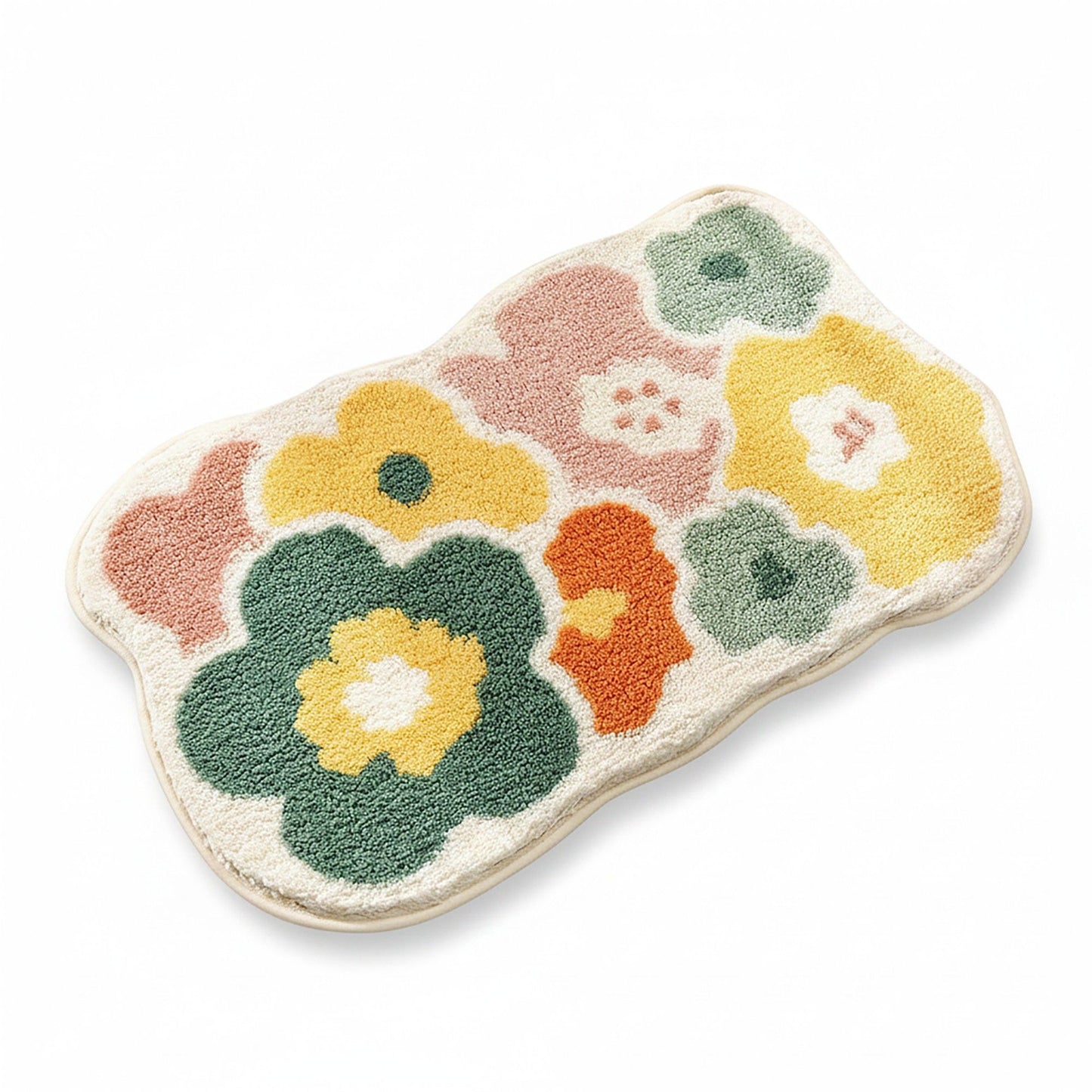 Tufted Floor Mat with Floral Daisy Pattern Non Slip Backing Soft Plush Decorative Scalloped Edge Rug