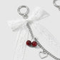 Lace Bow Cherry Bag Chain Charm with Heart Accents and Double Ring Clasps
