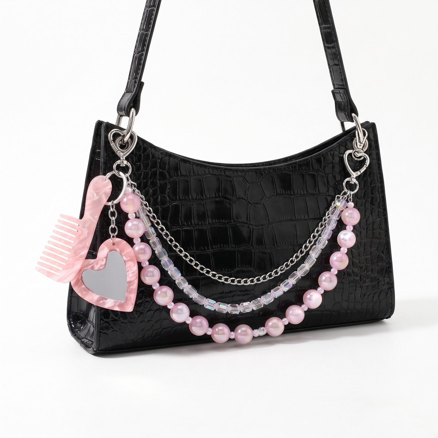 Layered Beaded Bag Charm Chain with Heart Mirror and Mini Comb