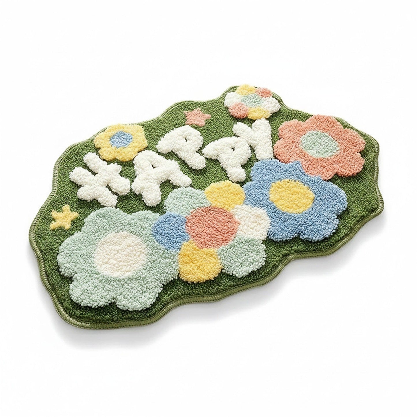 Tufted Floor Mat with Happy Text and Floral Pattern Non Slip Backing Soft Plush Decorative Scalloped Edge Indoor Rug