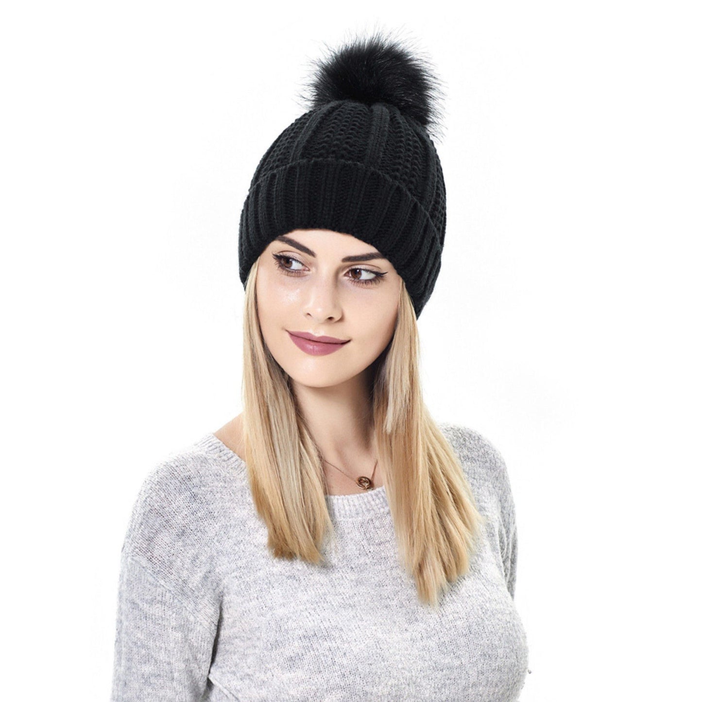 Soft Knit Winter Beanie Hat with Satin-Lined Interior Ribbed Texture and Fluffy Pom Detail