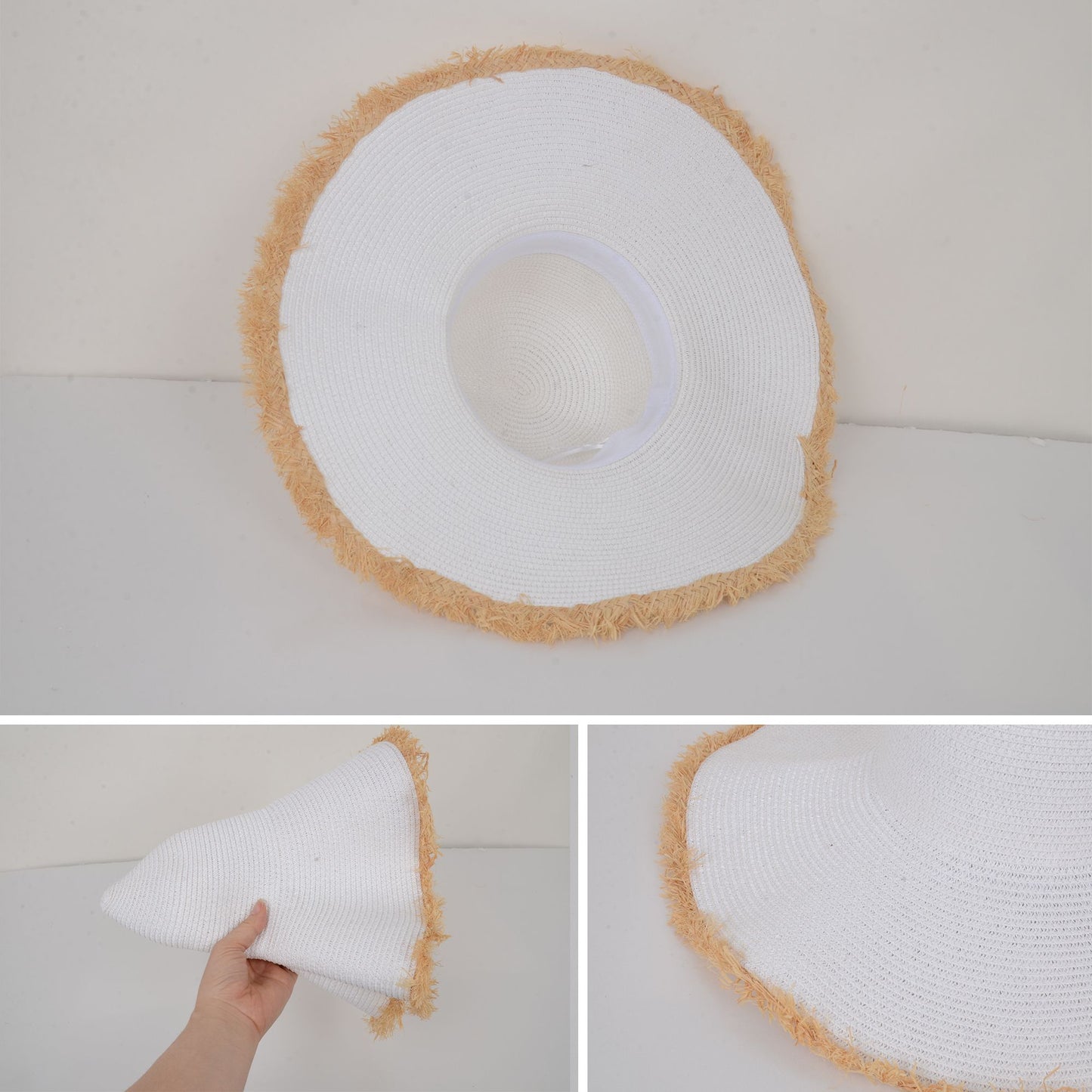 Wide Brim Straw Floppy Hat with Frayed Edges Lightweight Sun Protection for Beach Vacation Outdoor Travel Style