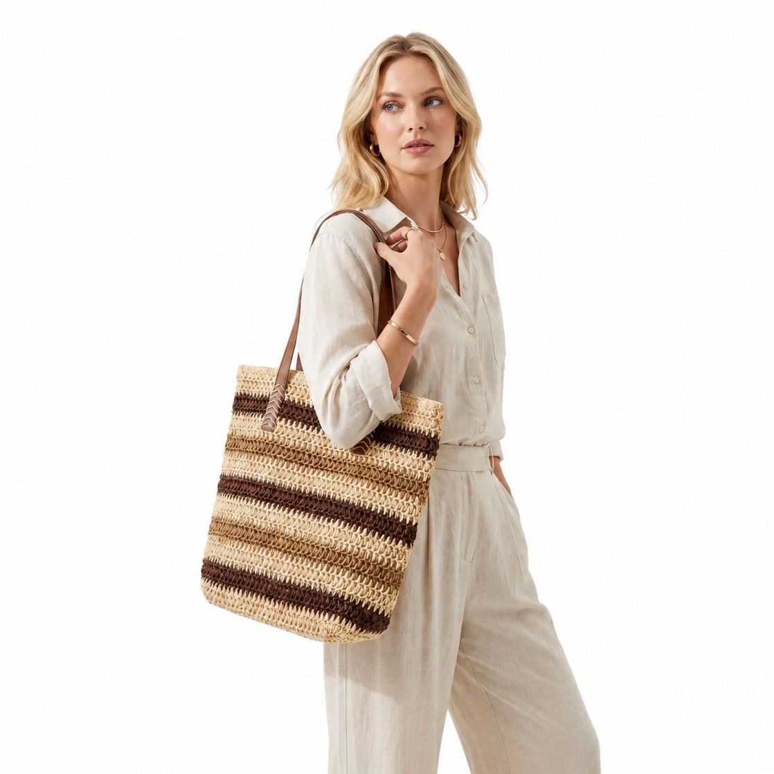 Coastal Stripe Woven Tote Bag with Zip Top Shoulder Handles and Slip Pocket