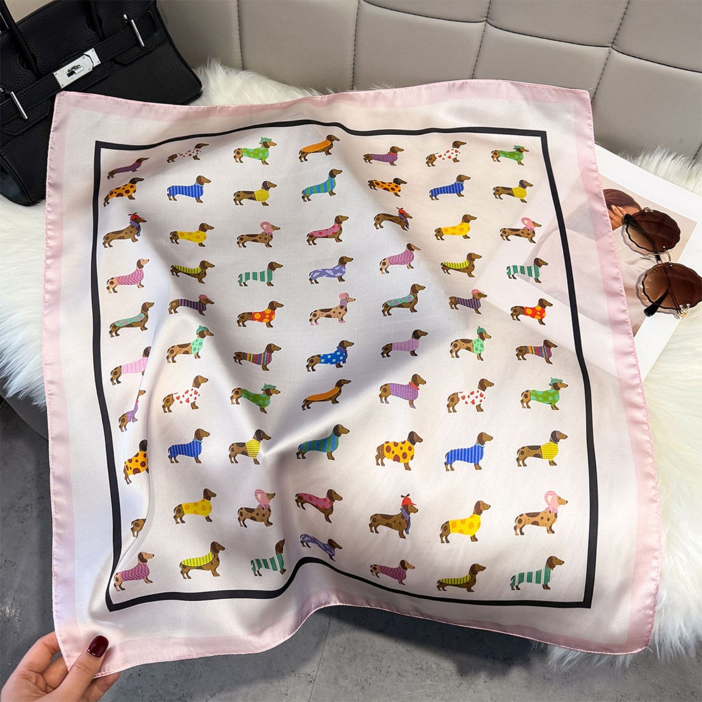 Cute Dachshund Print Satin Feel Square Neck Scarf Fashion Hair Scarf Bandana 25.5¡Á25.5 Inches