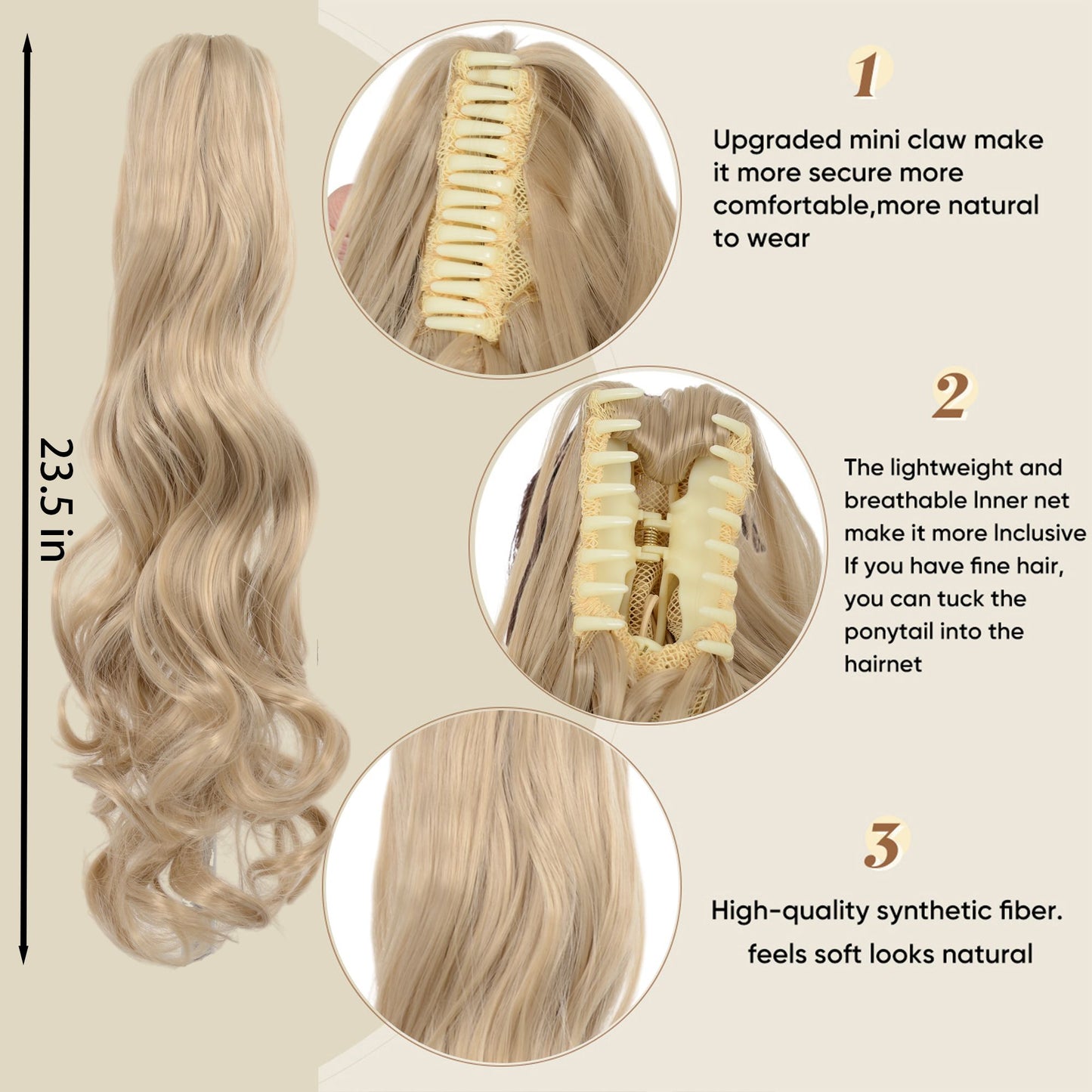 Claw Clip Ponytail Extensions for Women 23 Inch Long Wavy Fluffy Synthetic Ponytail Hairpiece