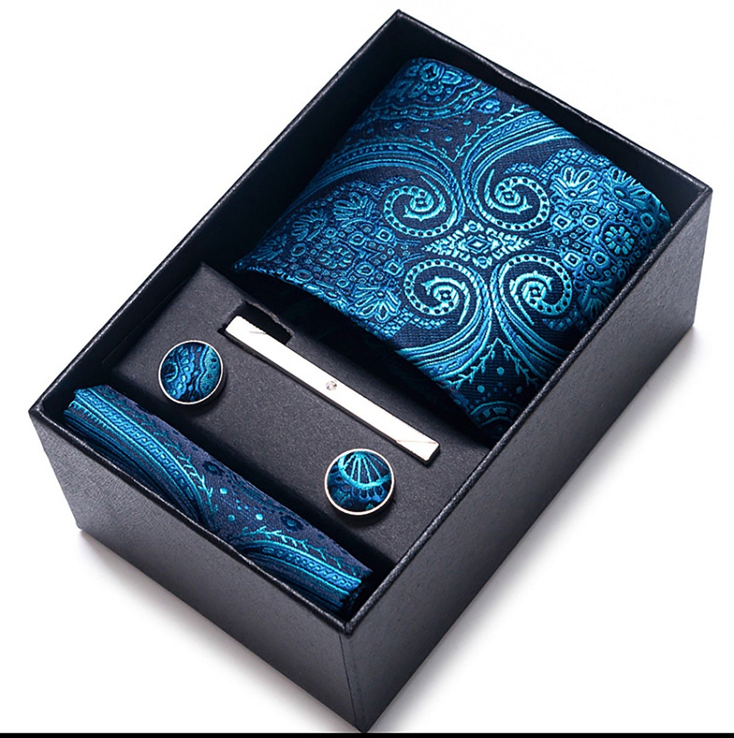 Men's Floral Pattern Tie Gift Set with Matching Pocket Square Cufflinks and Silver Tie Clip