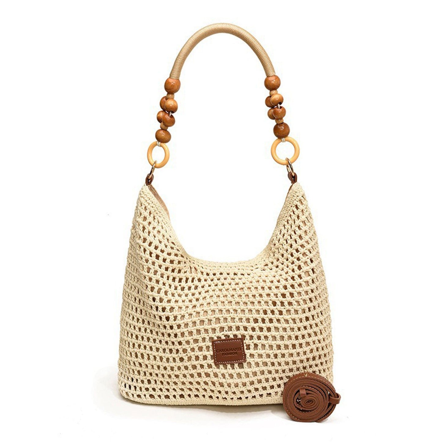 Crochet Hobo Shoulder Bag Wooden Bead Handle Open Weave Knit Handbag Slouchy Summer Carryall Lightweight Tote