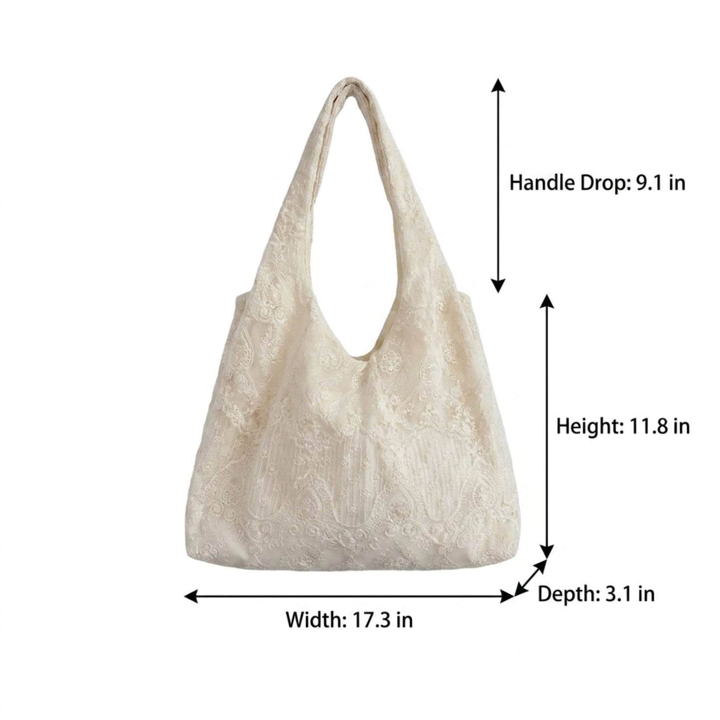 Lace Hobo Shoulder Bag with Floral Embroidery and Inner Pocket